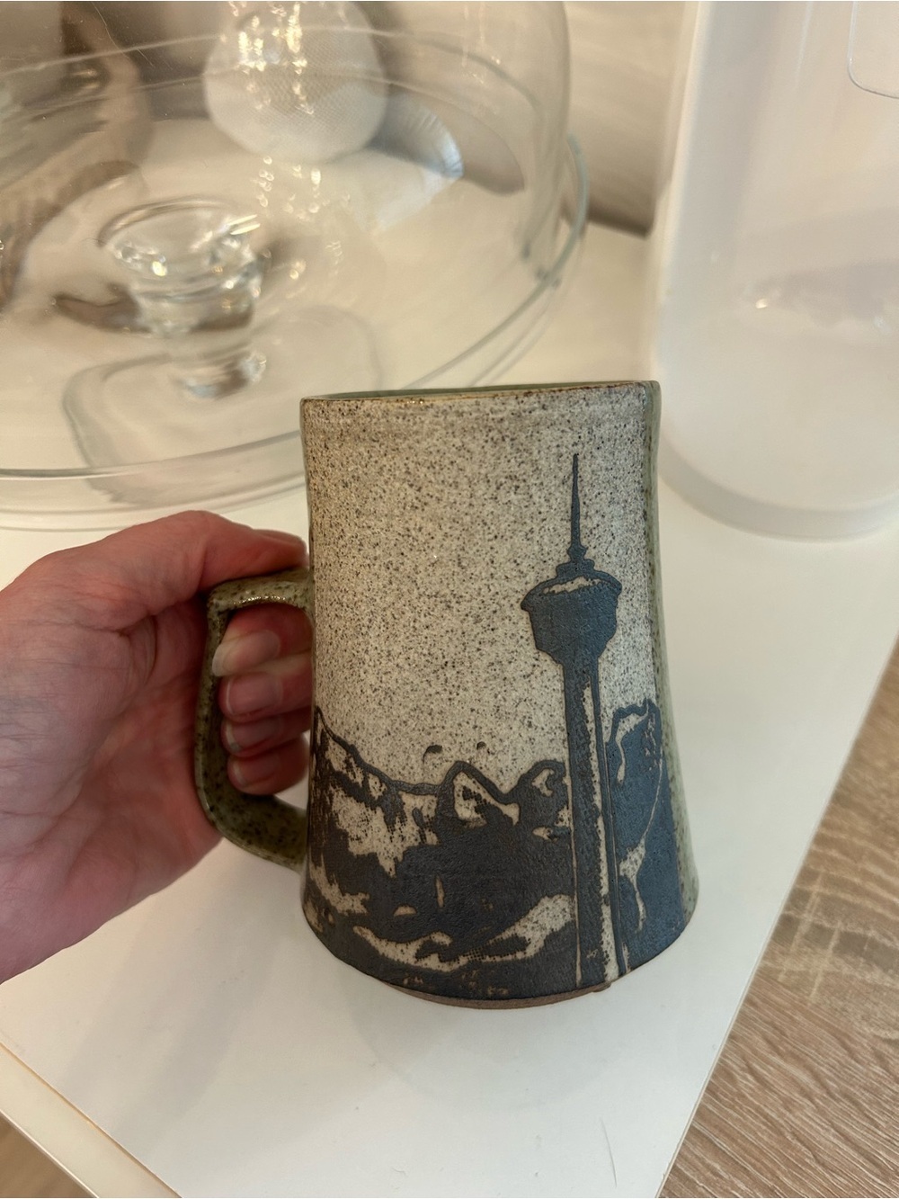 Handmade large pottery mug Calgary tower mountain scape